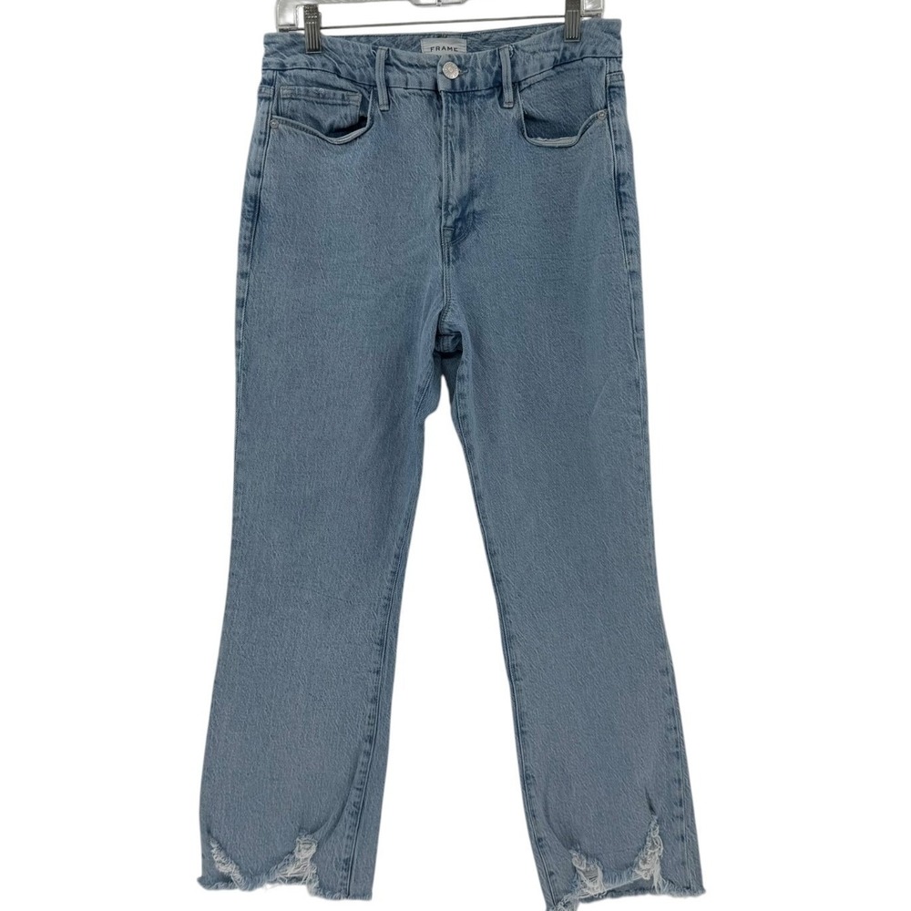 FRAME Le Super High Crop Mini Boot Jeans Light Wash Distressed Hem Size 30